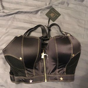 NWT Honey Birdette BRONNIE Black satin Longline Zip Front BUSTIER